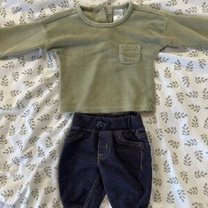 Green Long Sleeve Baby Top and Dark Blue Pants Set